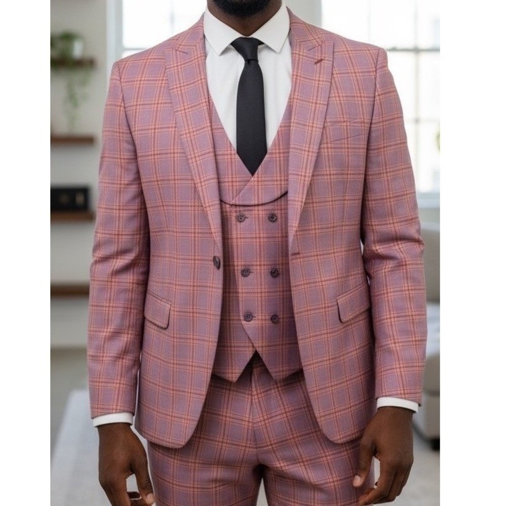 Vitali Men's 3-Piece‎ Suit Modern Fit Denim Lavender Plaid Formal 51W 56 M9857
